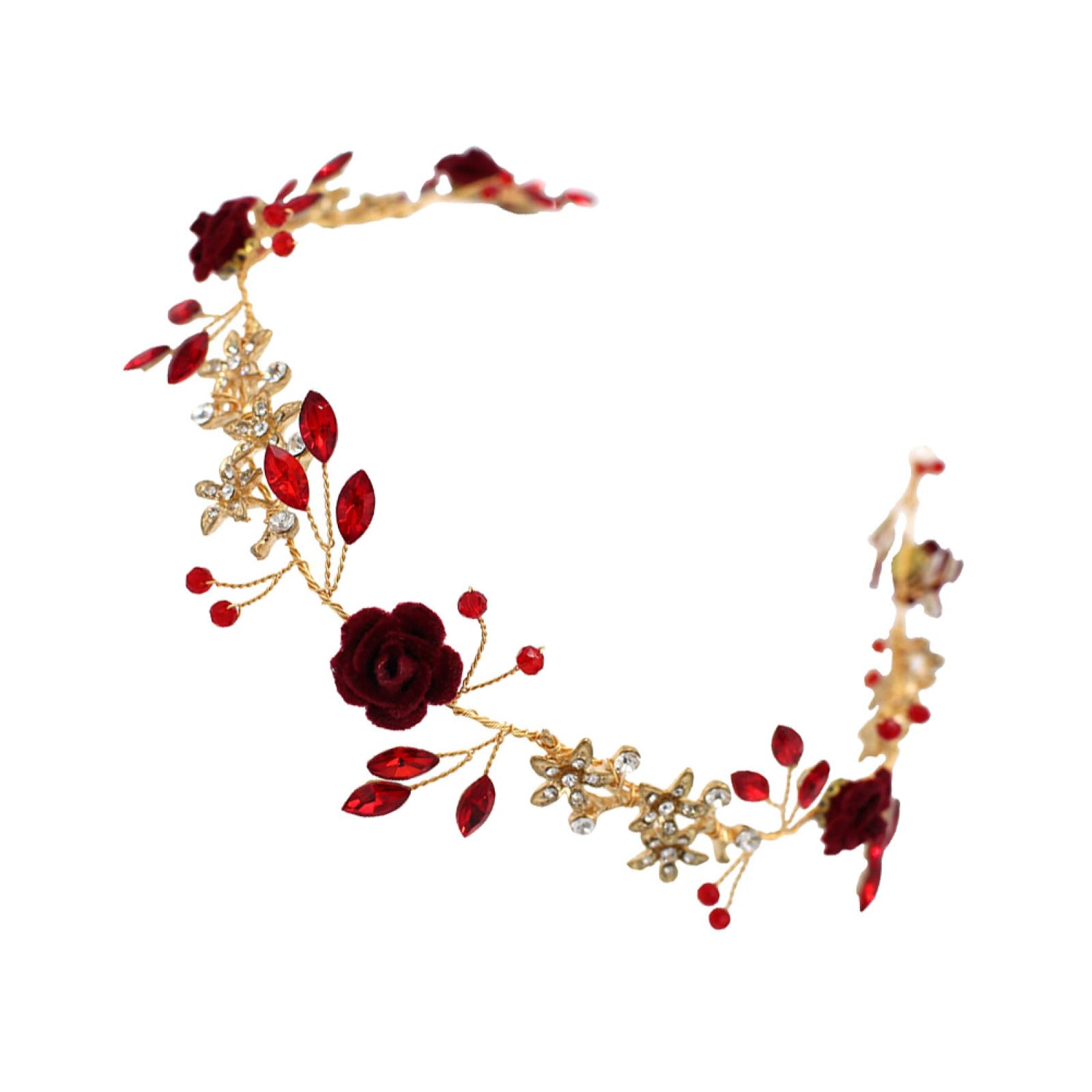 WOONEKY 1pieza Tocado Floral Delicado Para Novia Piedras Rojas Accesorio De Boda Para Fotografía De Fiesta y Estilo Chino