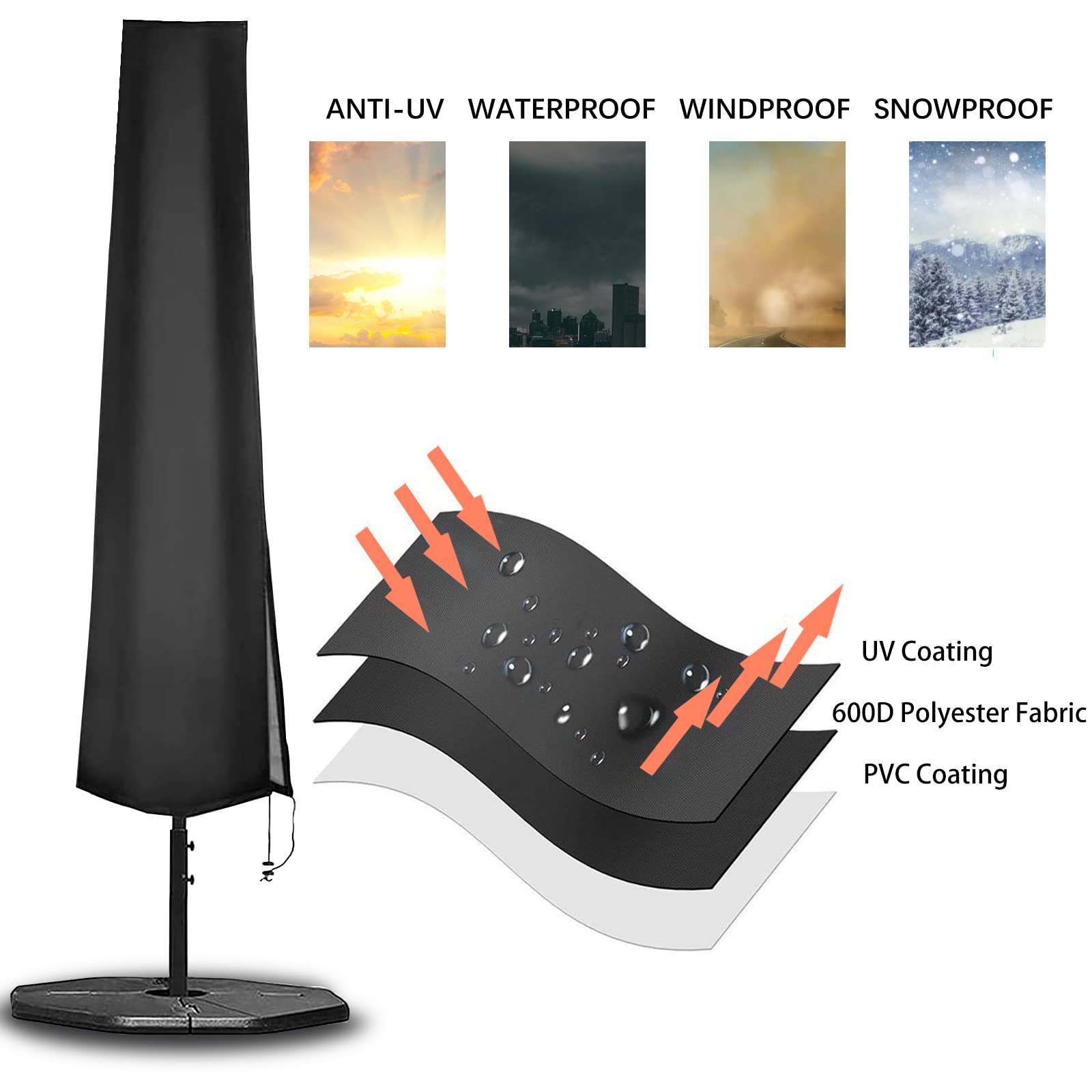 RICHIE Tuinparasolhoes outdoor parasolhoezen voor 2,5 tot 4 m diameter parasols 190 x 25 x 50 cm waterdichte 600D Oxford PVC-coating met zware ritssluiting en verstelbaar trekkoord aan de onderkant