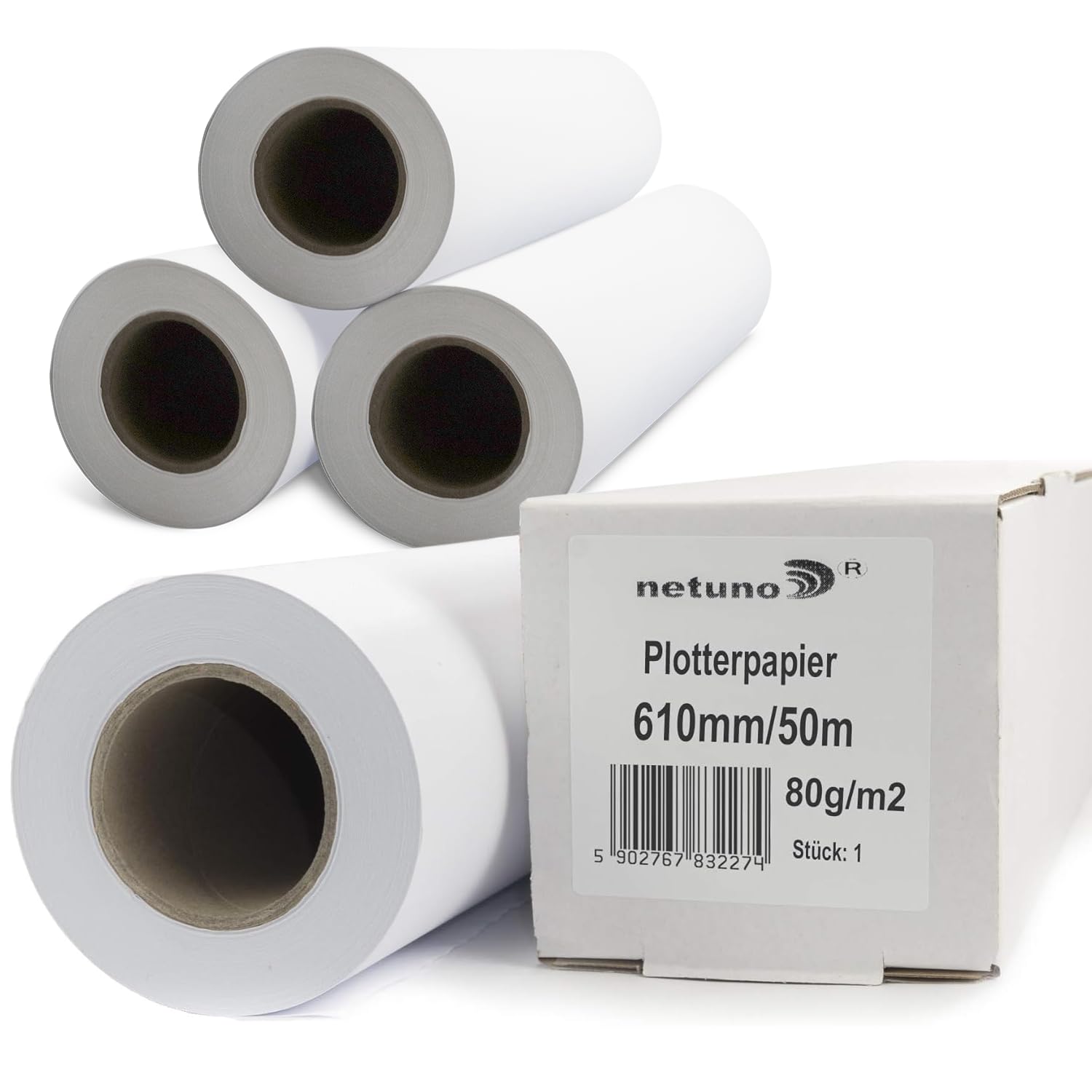Netuno 4 rollos de papel blanco para plotter 610 mm x 50 m 80 g núcleo 50 mm papel mate universal para impresoras fotocopiadoras CAD planos de construcción dibujos técnicos carteles pósteres mapa