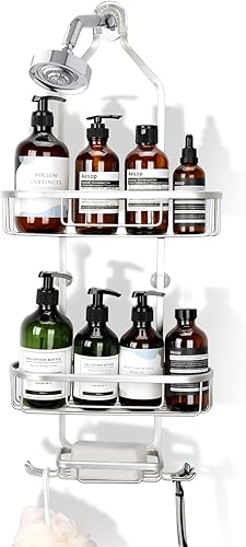 NEWPIC Organizador de ducha sobre el cabezal de ducha, aluminio inoxidable sobre el cabezal de ducha con soporte para jabón y ganchos, organizador