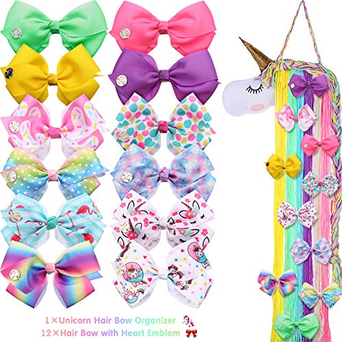 Unicorn Bow Holder Organizer with 12 Pieces Large Hair Bow Clips Grosgrain Ribbon Hair Bows Rainbow Yarn Tassels Hair Bows Storage Unicorn Headband Organizer Hair Clip Holder (Fresh Pattern)