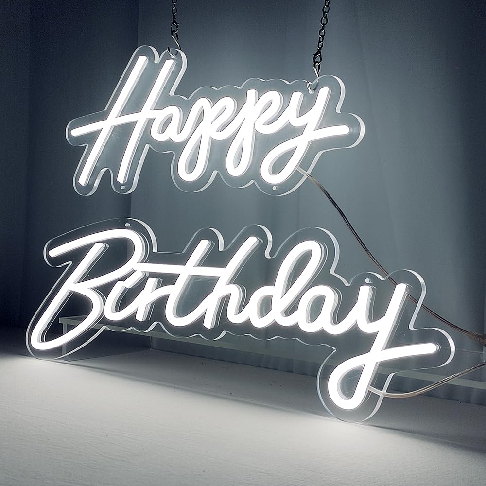 Cartello luminoso a neon bianco da 4 piedi "Happy Birthday", cartello luminoso a LED dimmerabile da appendere per la decorazione dello sfondo della festa di compleanno (Bianco, 76 cm "Happy Birthday")