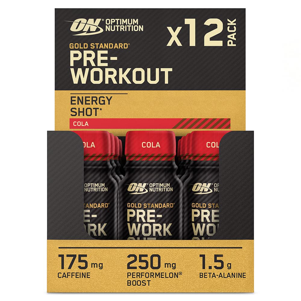 Optimum Nutrition Gold Standard Pre-Workout Shot, Suplement Diety z Beta-Alaniną, Kofeiną i Witaminą B6 i B12, Cola, 12 Shotów, 12 x 60 ml