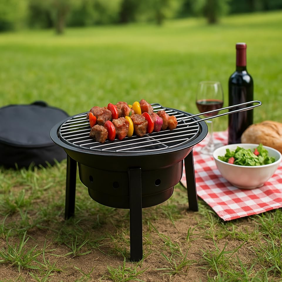 WEIDA Barbacoa de Carbón Portátil y Plegable con Bolsa Transportadora | Portátil de Acero Inoxidable | Barbacoa de Carbón Redonda 36cm | Pequeña Ideal para Camping, Terraza y Jardín