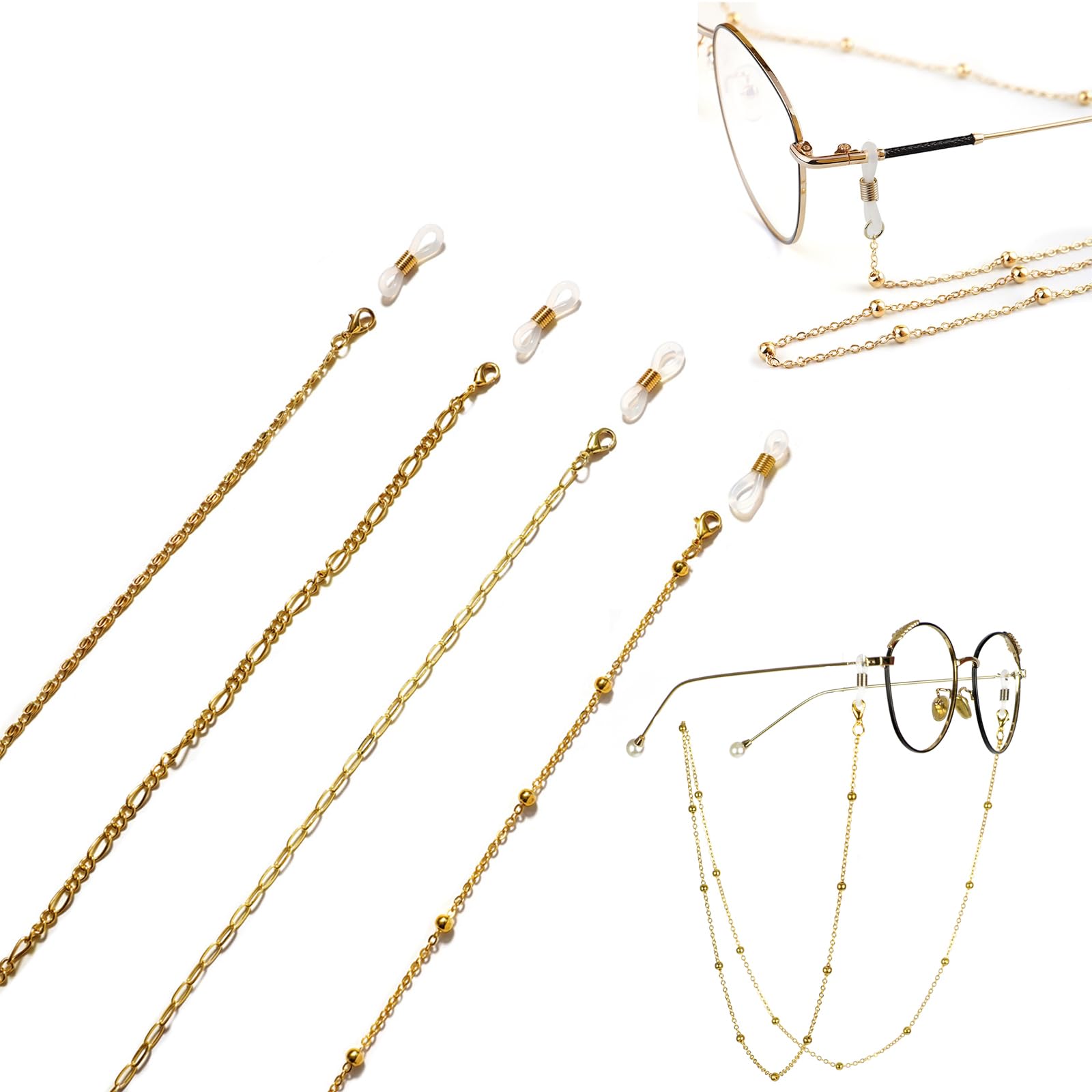 SURALIN 4 piezas de cadena de gafas para mujer, cadena de gafas para mujer, correa de máscara, cadena de gafas de sol para mujer, cadena de gafas de oro/plata