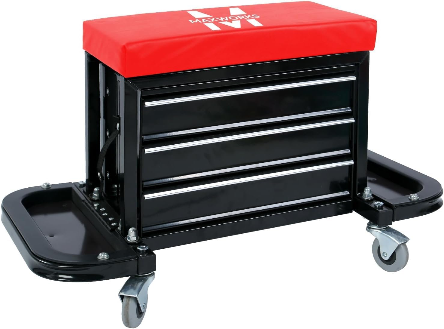 MaxWorks 51036 Heavy-Duty Rolling Shop Stool with 3-Drawer Tool Chest, Black Cushion Plus Extra Red Replacement Cushion, Ball-Bearing Drawers, 350 lbs Capacity