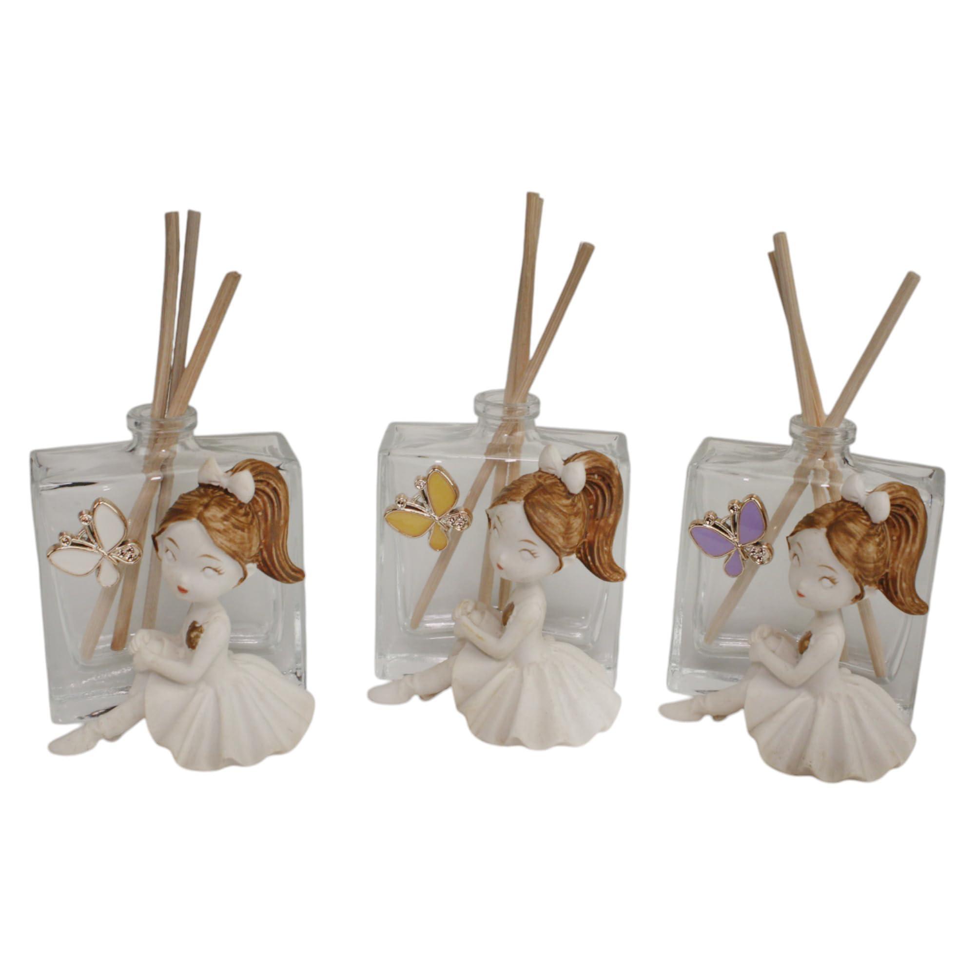 DLM-A723 Bomboniere 6 utili Profumatori in vetro trasparente cm 6x5x6 con 6 profumi e 6 scatole Ballerina con farfalla per Battesimo Bimba Comunione Bambina Cresima Ragazza 18 Compleanno