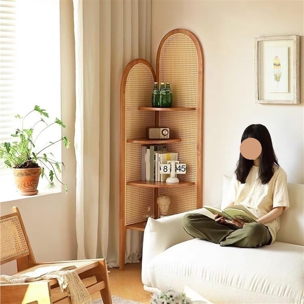 4-Tier Corner Shelf, Corner Bookshelf, Rattan Triangular Cabinet, Tall Corner Accent Chest Display Storage Rack, Plant Stand, Corner Storage Shelf for Living Room, Home Office, Bedroom,D