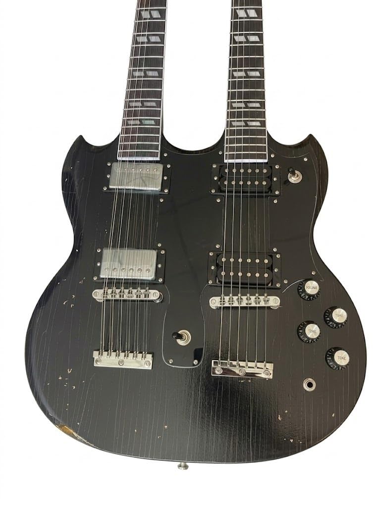 Chitarra elettrica a doppio manico con corpo solido, 6 e 12 corde nere humbucker, dimensioni standard for palcoscenici rock classici (Guitarra Eléctrica)