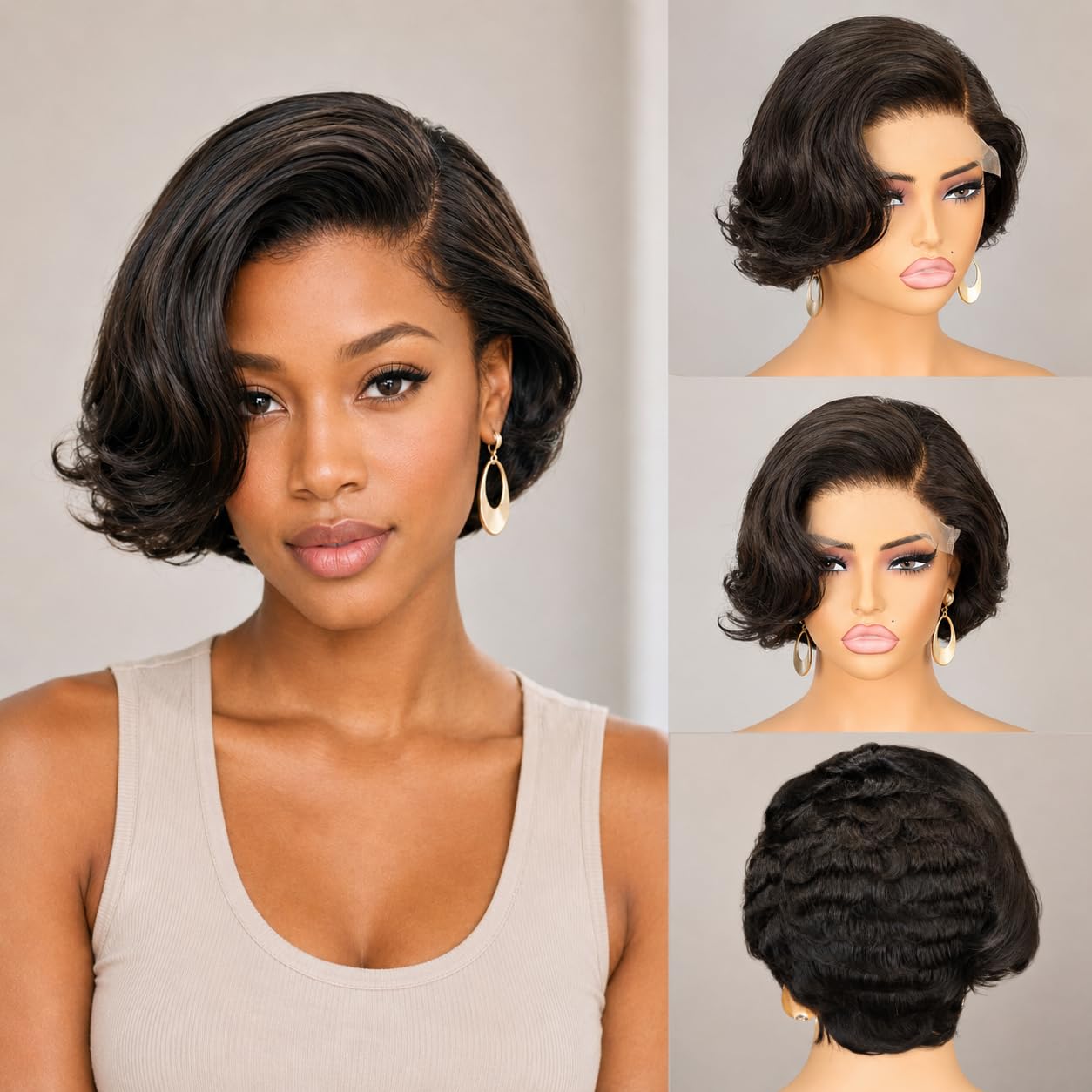 Pixie Cut Bob Wig 6 Inch Human Hair Roll Curl C Shape Side Part 5x5 Lace