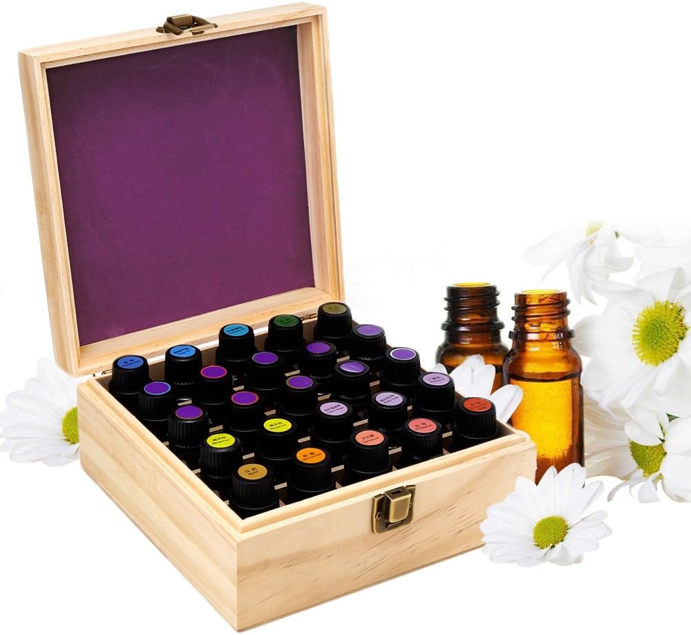 Essential Oil Wooden Storage Case Holds 25 5-10ml Bottles, Essential Oil Case Holder Perfect for Display and Presentation, Travel, SPA