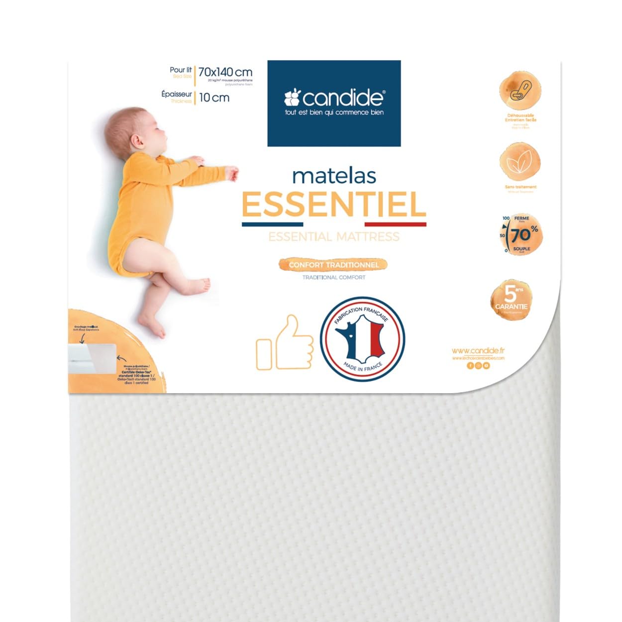 Essential Mattress With Removable Cover, Anti Mite & Anti Bacterial, Full Removable & Washable Cover, 70x140cm,White