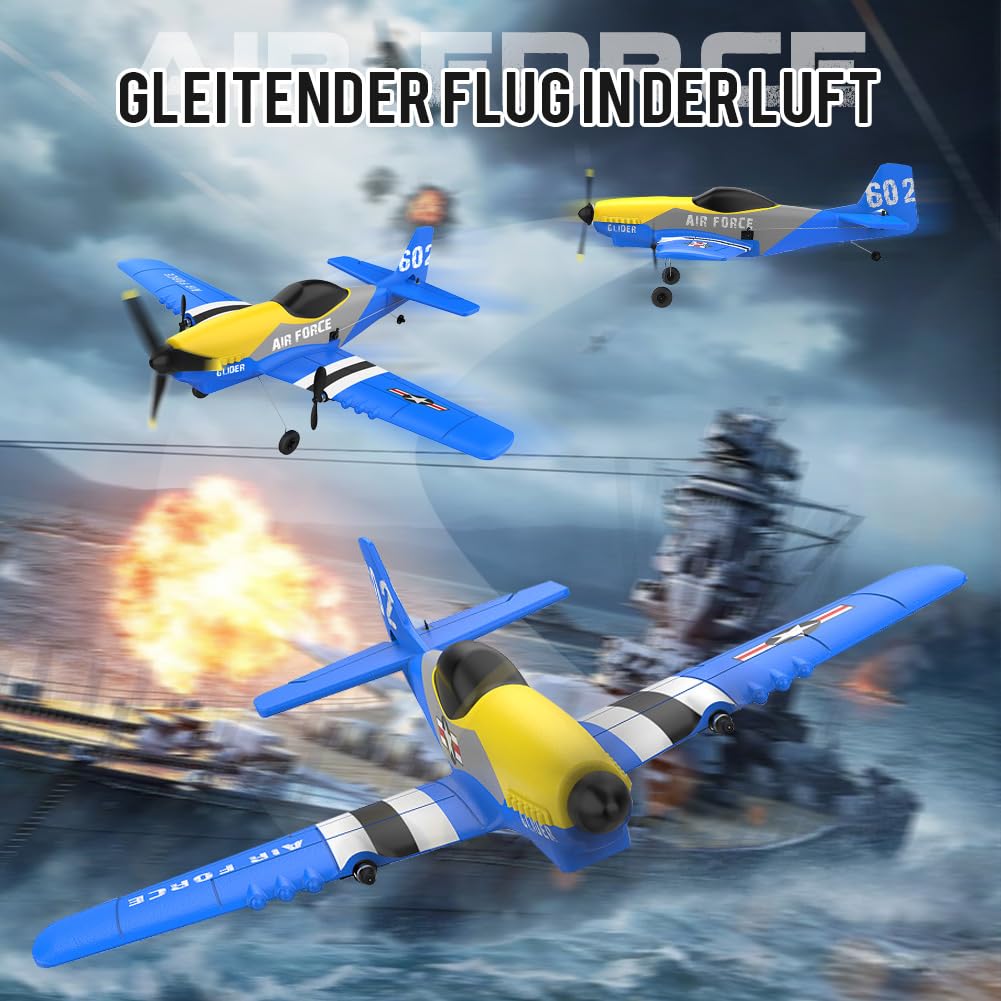 Fremego RC Flugzeug RTF,P51 3 Kanal Ferngesteuertes Flugzeug für Anfänger | 2,4GHz P-51D Mustang Kampf Flugzeugs mit 6-Achsen-Gyro-Stabilisator&2 Batterien für Erwachsene