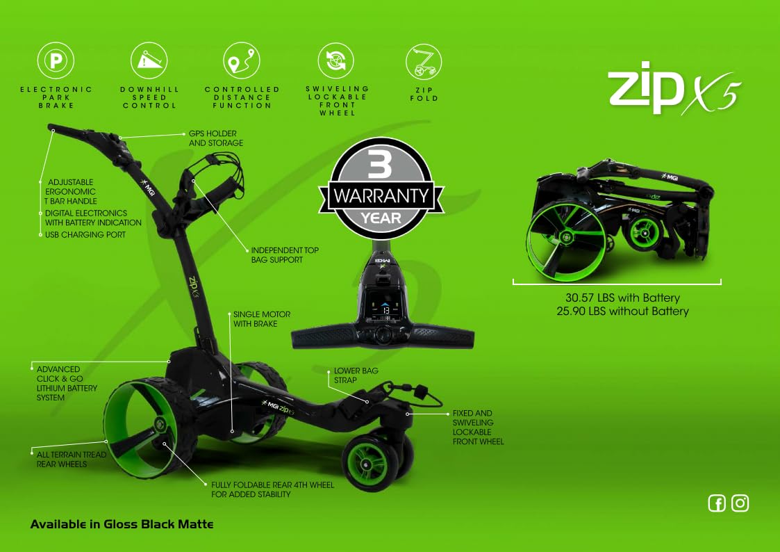 MGI Zip X5 Electric Golf Cart - 36 Hole Battery - (Drink, Umbrella