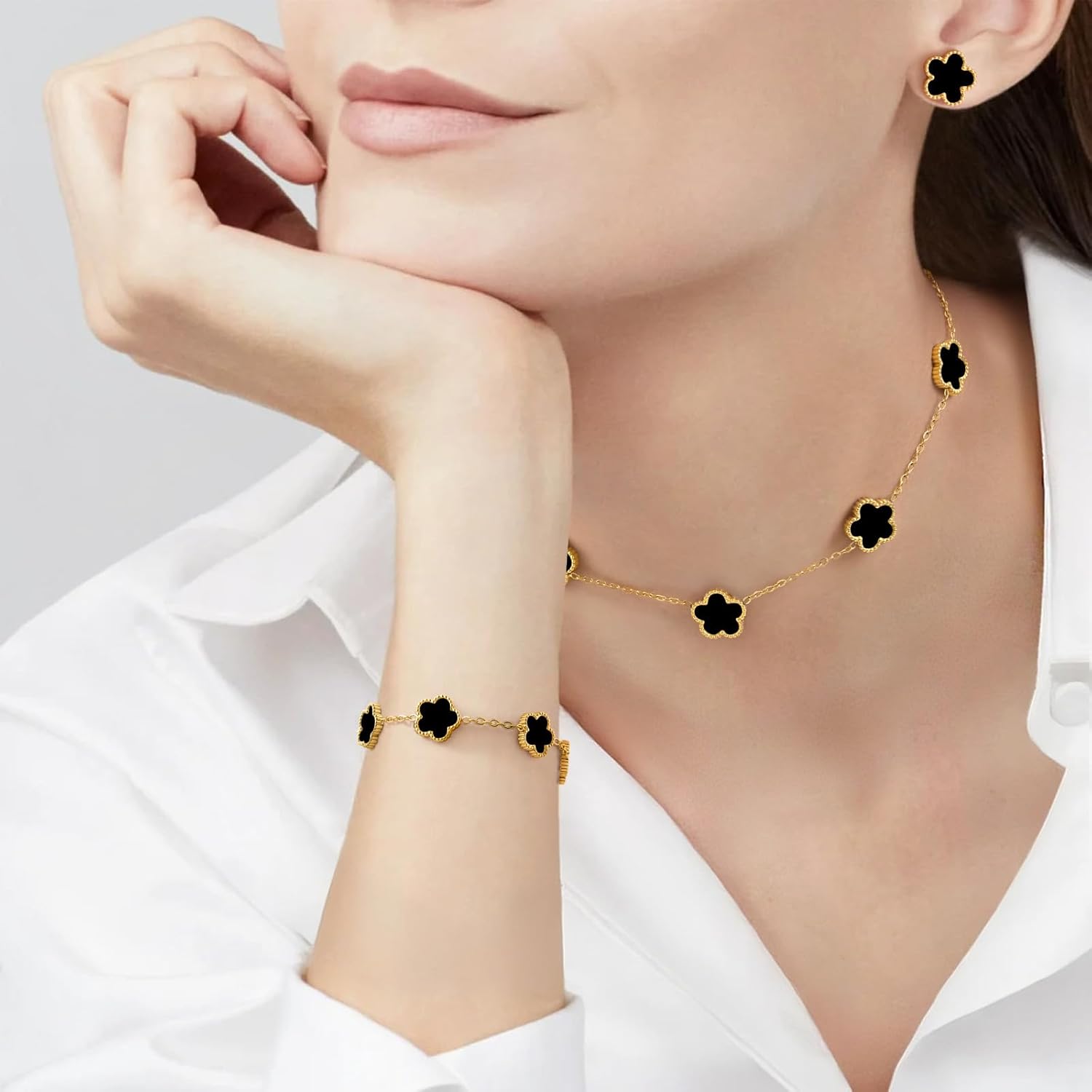 Gold Necklaces Bracelets Earring Set - 18K Gold Plated Flower Bracelet Chain,Stainless Steel Non Tarnish Floral Pendant Stud Jewelry Sets,Christmas Birthday Lucky Gift for Mom Wife Daughter Girlfriend - Image 2