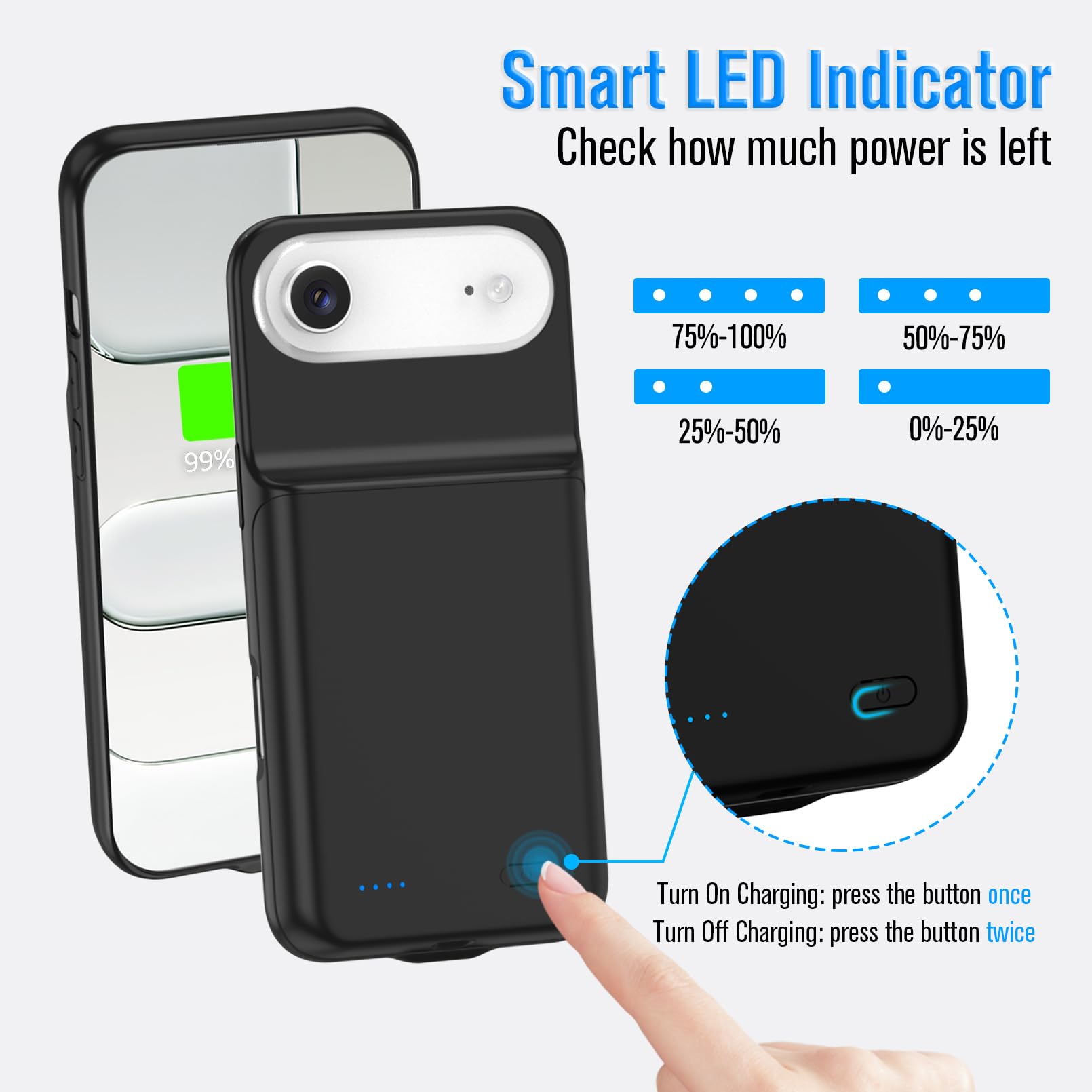 Custodia per iPhone 17 Air, batteria ricaricabile (8500 mAh, 6,6"), con pellicola protettiva, caricabatterie portatile, batteria per iPhone 17, colore: nero