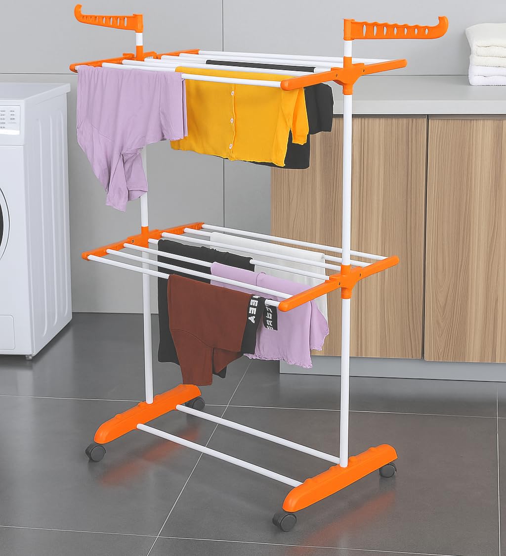 FLIPZON Premium Clothes Stand for Drying with Wheels | Portable | 2 Layer Rack for Balcony | Foldable Wings | 14 Hanger Rods | Alloy Steel & Plastic (White & Orange)