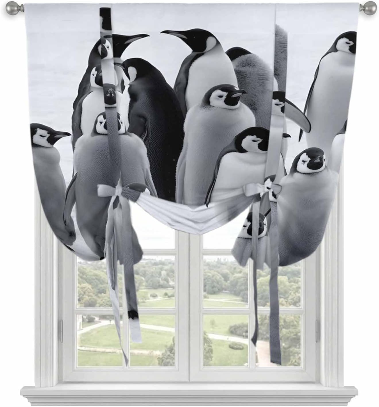 Funny Penguins Tie Up Curtains for Window, Snow Winter Grey Penguin Animals Thermal Insulated Balloon Shade Adjustable Rod Pocket Curtains Valance Panels for Kitchen Bathroom Café 46'' x 63''