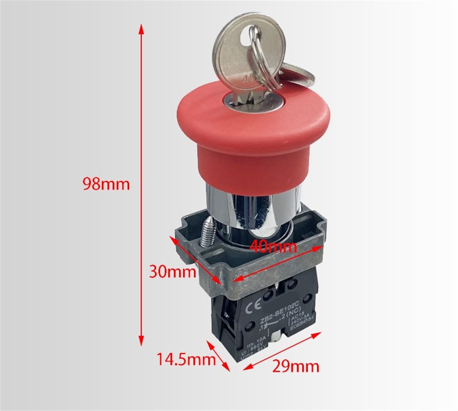 Interruptor de botón giratorio de bloqueo automático de parada de emergencia con llave ZB2-BS142C montaje de cabeza de seta roja de 22mm de energía eléctrica