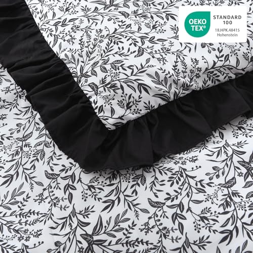 Image of Litanika Black White Queen Comforter Set, 3 Pieces Ruffle Floral Farmhouse Aesthetic Bedding Comforter Set, All Season Soft Lightweight Fluffy Microfiber Bed Set(90x90In Comforter, 2 Pillowcases)