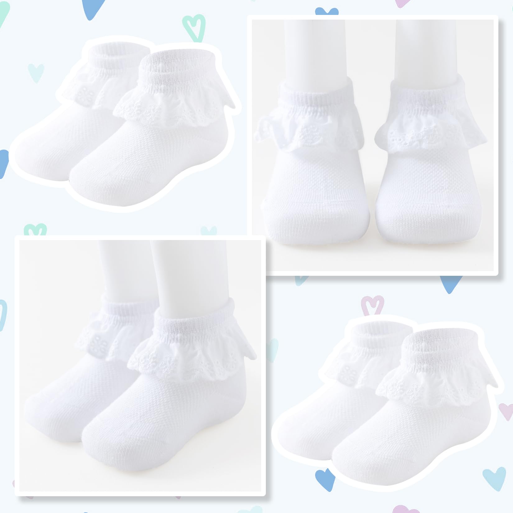 Baby Girls Socks Eyelet Ruffle Lace Frilly Dress Socks for Toddler 3 Pairs (White, 12-24 Months)