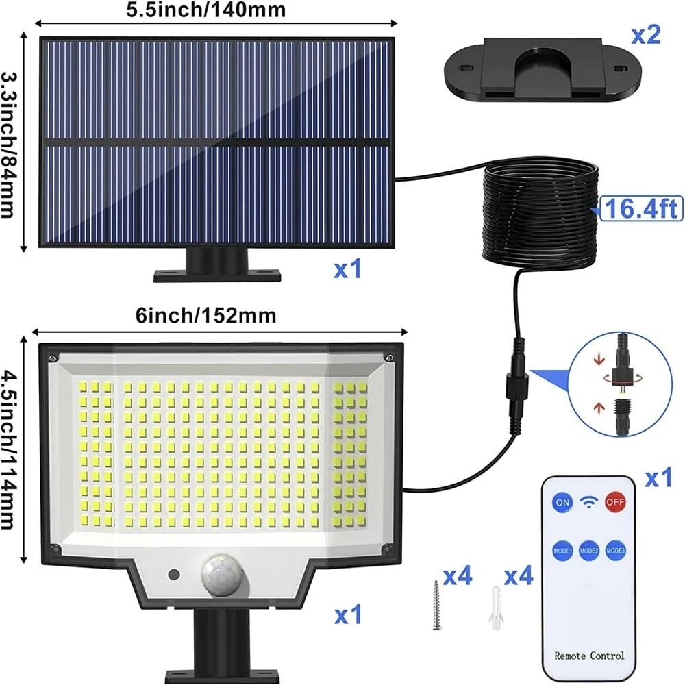 Lampa zewnętrzna z oświetleniem ulicznym na energi Lampy solarne 200 diod LED Oddzielny panel zewnętrzny Zasilane energią słoneczną Światła przeciwpowodziowe ze zdalnymi wodoodpornymi kinkietami IP65