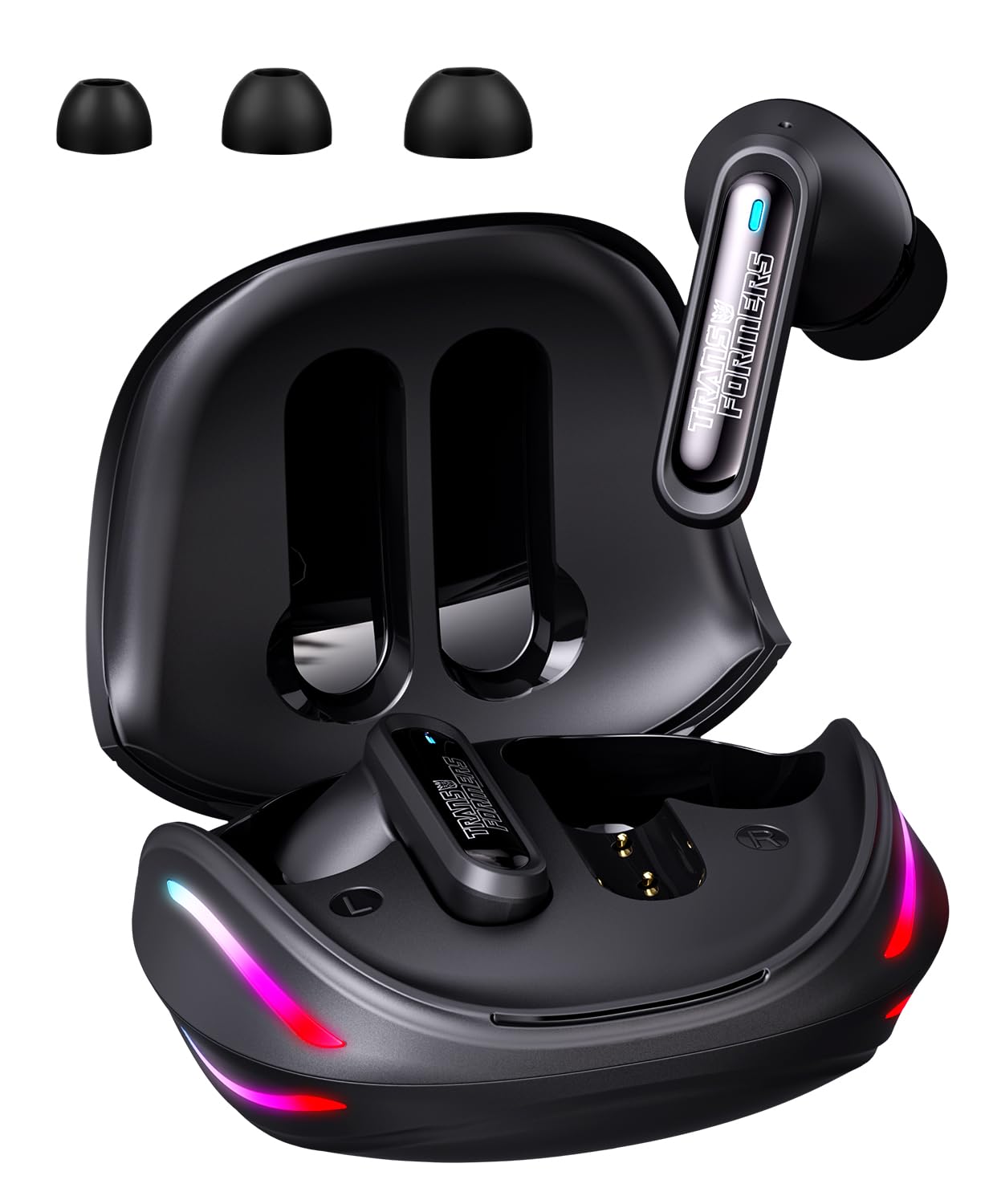 Transformers Official Megatron Wireless Gaming Earbuds Bluetooth 6, Open Mech Case with LED Lights, 24H Battery, Low Latency, IPX3 WaterproofIn Ear Headphones for iPhone & Android - Black