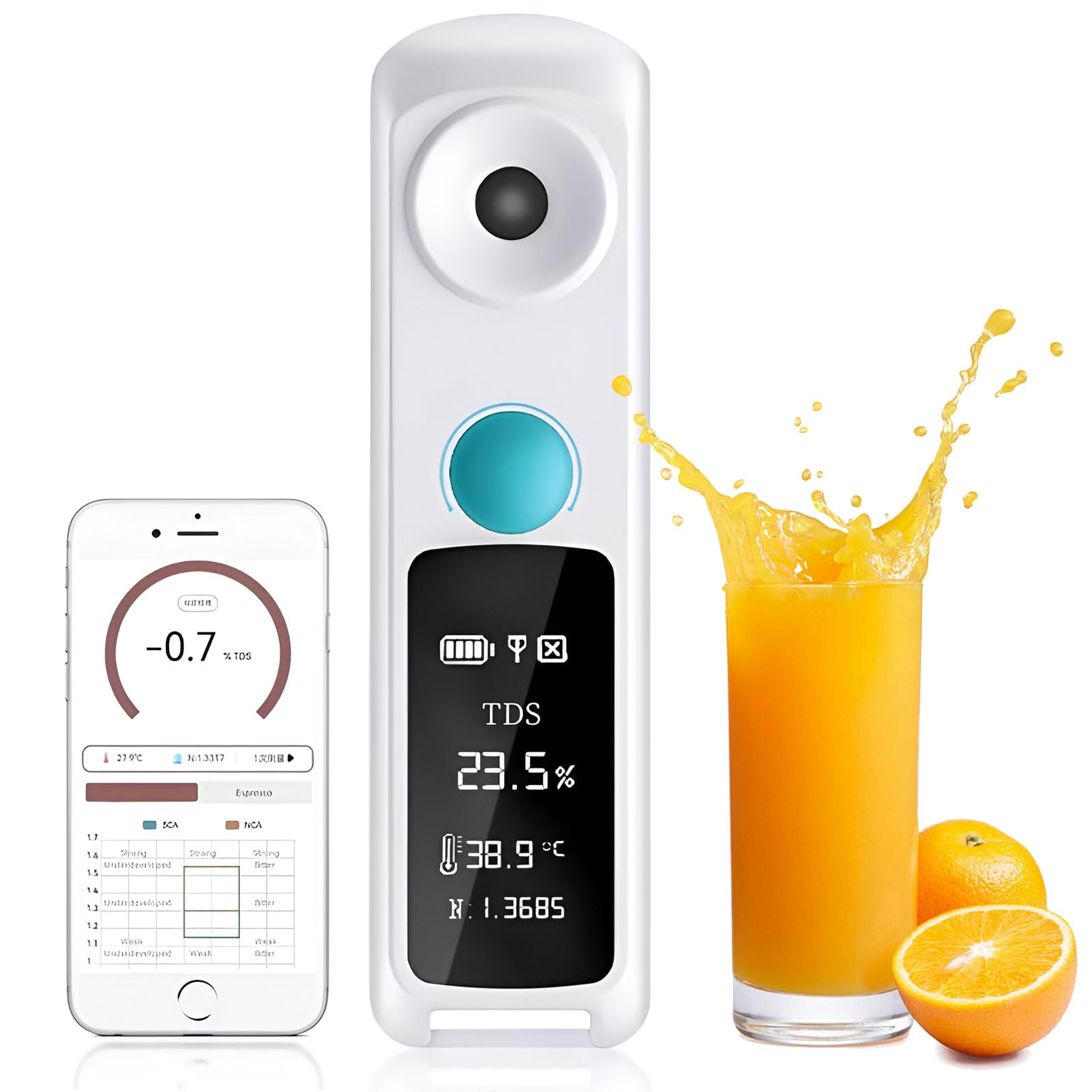 Refractómetro Brix digital, medidor de Brix portátil con rango de 0-32%/0-55%, precisión de ±0,1%, resolución de 0,05%, probador en línea Bluetooth, para café, frutas, verduras, cerveza o vino 0-32%