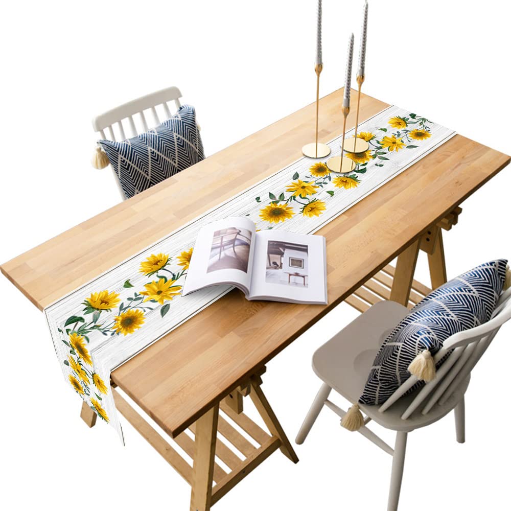 Highdi Sunflower 3D Table Runners Linen Fabric Table Runner Washable Dining Tablerunner Decorative Cloth For Party, Banquet, Restaurant & Outdoors (33X91cm,)