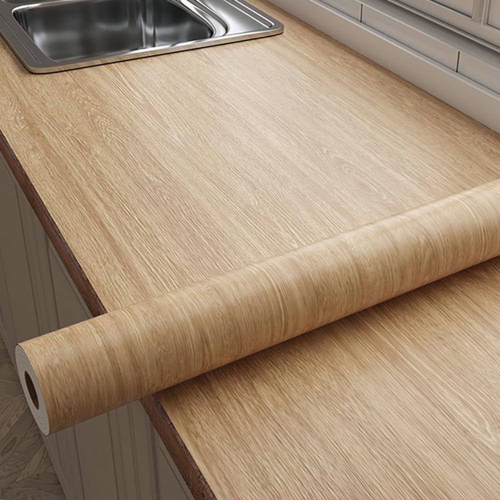 Lngfsh A Wood Grain Vinyl Wrap Light Textured Peel Nd Stick Wallpaper Ir Guide Slot Design Matte Thicken Self-Dhesive Waterproof Kitchen Worktop Covering Film (,W X L 80Cm X 5M)