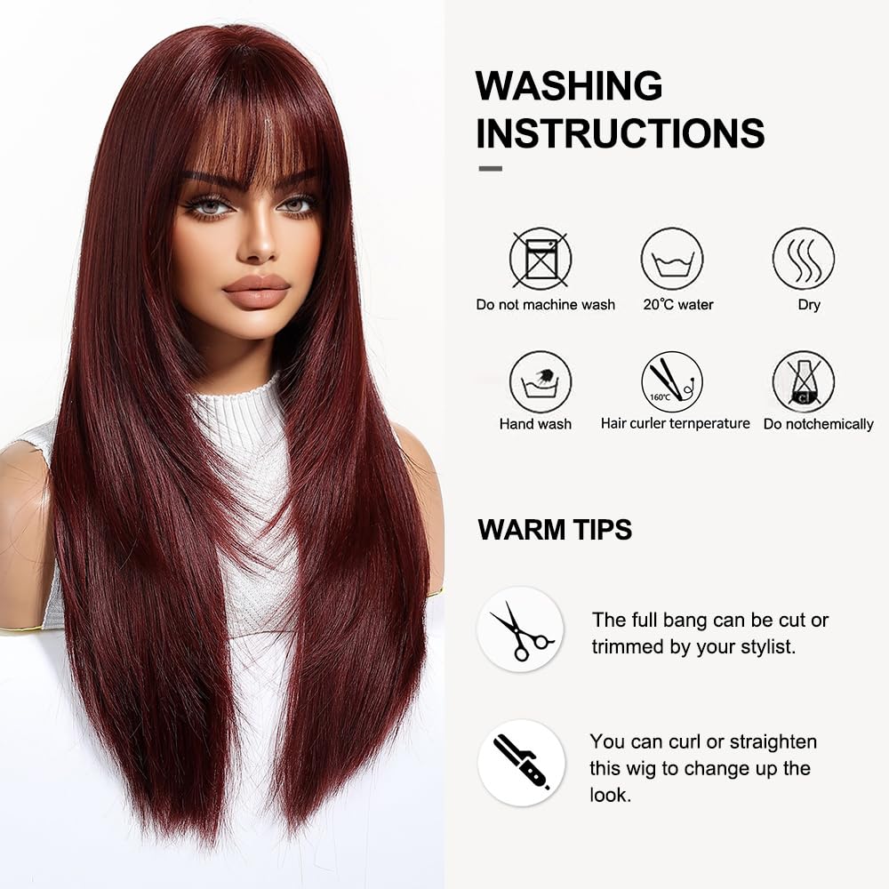 Parrucche Rosso Vino per Le Donne Parrucca Lunga con Frangetta Parrucche Dritte Naturali Parrucche Sintetiche Resistenti Al Calore per La Festa Quotidiana Cosplay Wear
