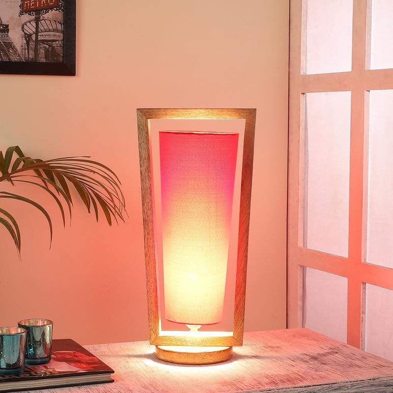 Image of tu casa Table Lamps with Mango Wood Base & Red Cotton Shades for Home Decor, Bedrooms, Living Room, Gifting, Diwali Decoration, Dining Space, Study Room, Hall (Height- 40cm) - Bulb not Included