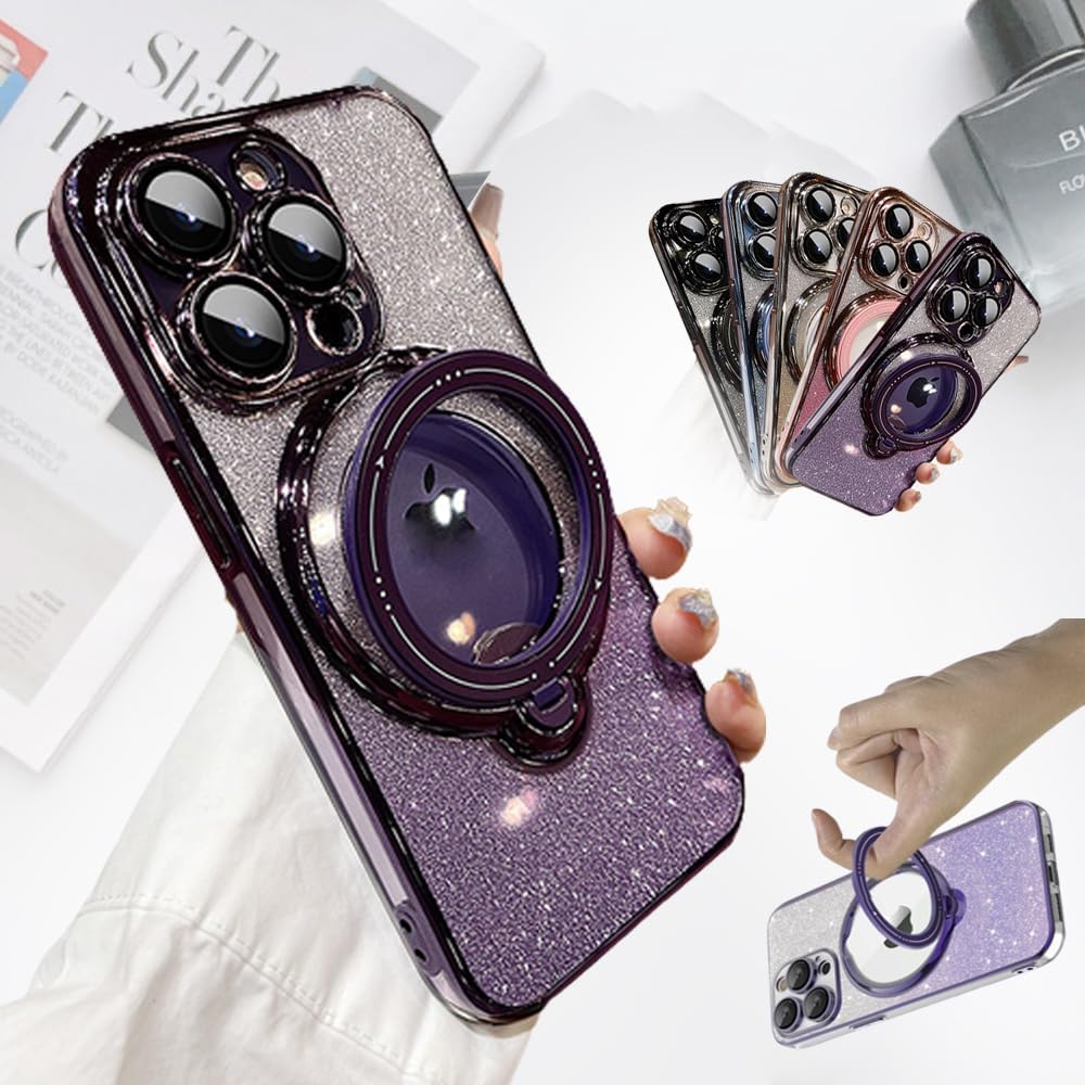 UBALDIElectroplated Magnetic Glitter for iPhone Case with Invisible Stand, Gradient Color Magnetic Holder Phone Case for iPhone 14/15 ProMax, Thomhk Bontezz Phone Case (Purple,12Promax)