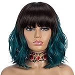 NOBLE Synthetic Curly Bob Wig With Bangs Short Bob Wigs Ombre Brown To Green Color Women\'s Shoulder Length Wigs Curly Wavy Wig Heat Resistant Colorful Daily Party Wig.