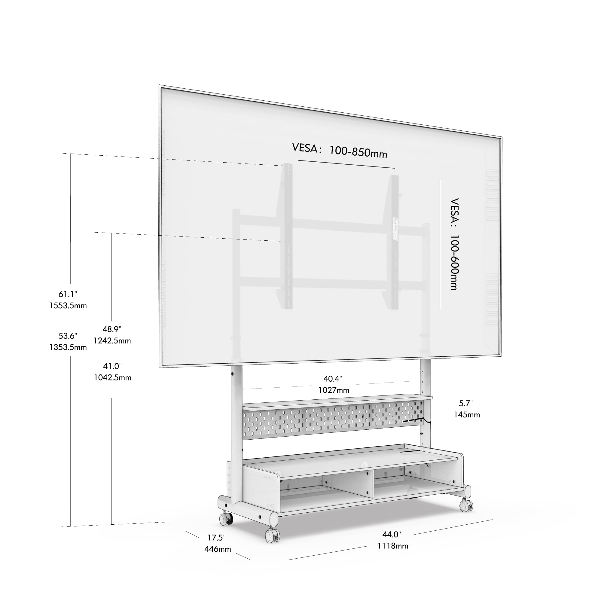 FITUEYES Mueble TV Móvil para 70 a 100 Pulgadas, Soporte TV Pie con Ruedas de Estructura de 2 Tubos, Soporte Monitor Carrito con Mueble Madera y Función de Altura Ajustable