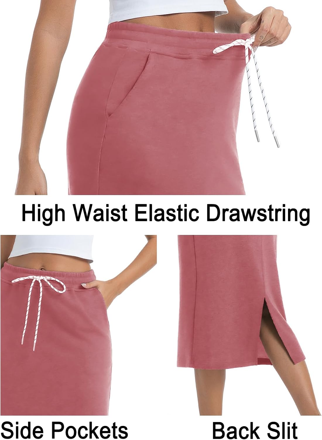 Women's Casual High Waist Elastic Drawstring Stretch Sweat Slit Midi Skirt with Pocket