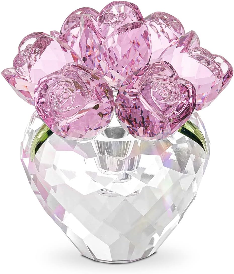 LONGWIN Crystal Rose Flower Figurines Collectible Glass Spring Bouquet with Vase Home Decor Romantic Gifts for Women Pink