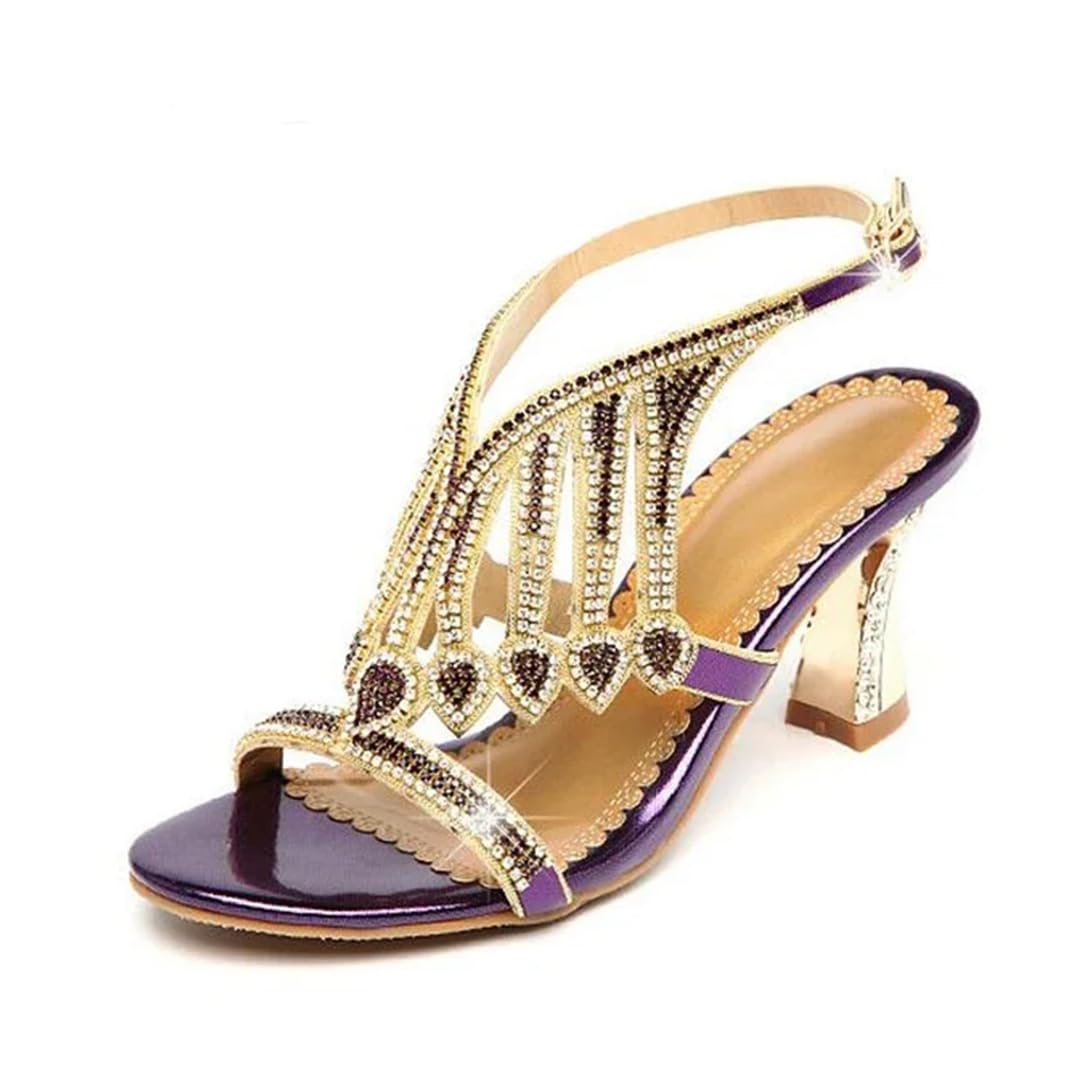 Sandalias básicas de cuero con diamantes de imitación para mujer, correa trasera, tacón cuadrado, tacón alto, sandalias de verano para boda