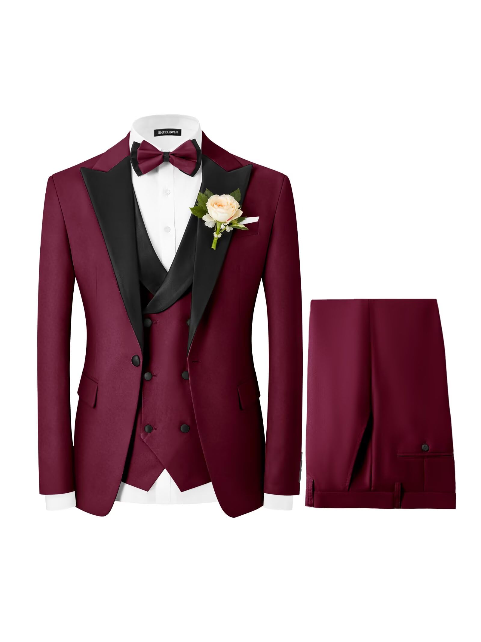 EMERAIDVLN Mens Tuxedo Suit Set 3 Piece Peak Lapel One Button Jacket Vest and Pants with Bow Tie