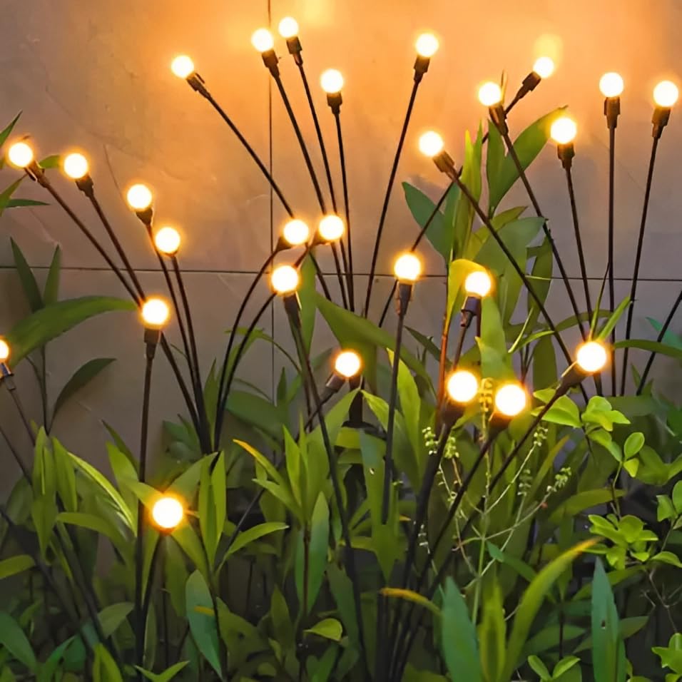 2 PCS Solar Powered Firefly Lights 8 LED Starburst Swaying Lights Swaying When Wind Blows IP65 Waterproof Decorative Solar Starburst Swaying Garden Lights for Yard Patio Pathway (Warm)