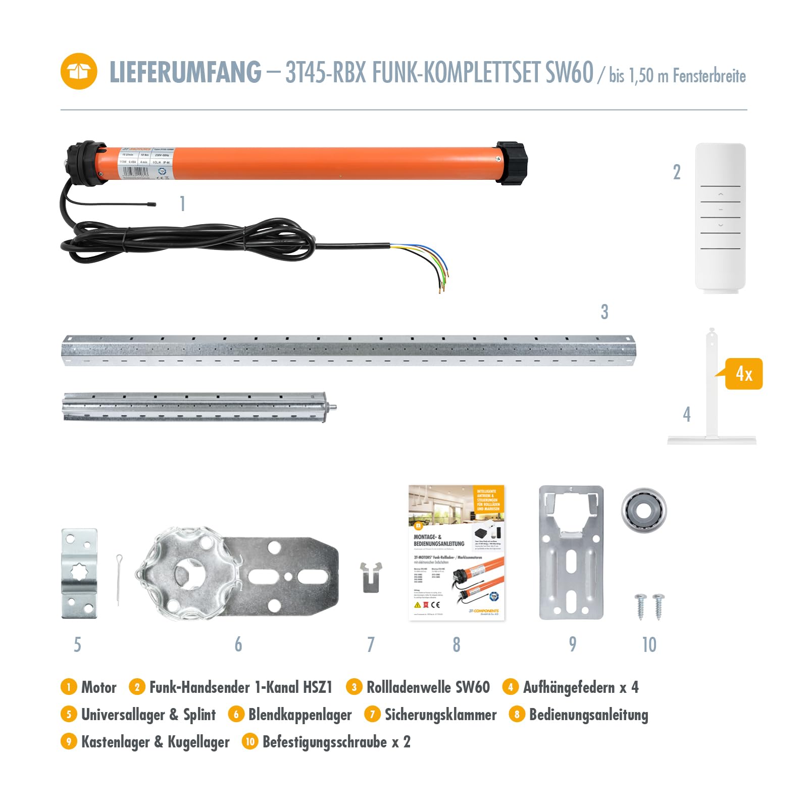 3T-MOTORS Funk-Rollladenmotor Komplettset mit Fernbedienung HSZ1, SW60 Welle 1,50 m, 3T45-10RBX (Zugkraft 10 Nm/25 kg) Rollladenantrieb mit elektronischen Endschaltern, bidirektional