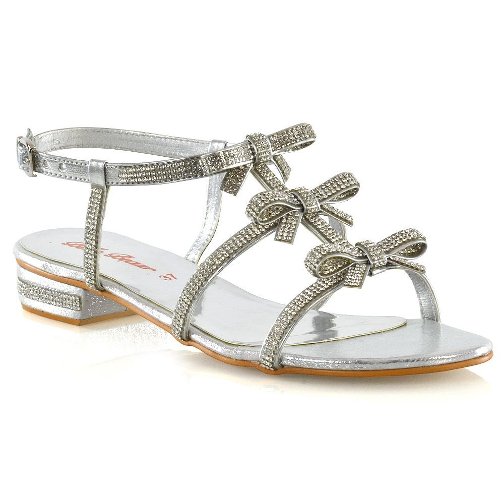 ESSEX GLAMWomens Sandals Diamante Open Toe Sparkly Bow Straps Shoes