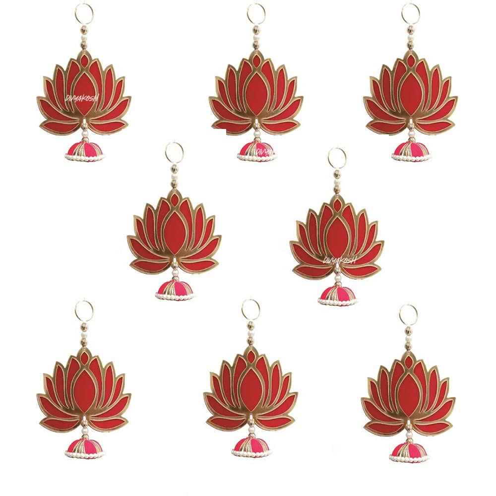 Divyakosh Handmade Wall Decor Lotus with jhumki Style Hanging for Home Decor,Diwali and All Festival Home Decoration (6 PCS)|Onam Thorana Wall Hanging |Thornam | Color - Red | Decoration Item|