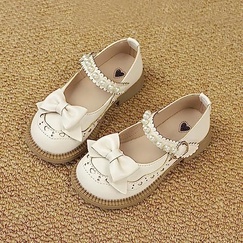 Girls Closed Toe Mary Jane Uniform Shoes Toddler Flower Girl Dress Shoes Pearls Bow Low Heels for Part𝐲 Student2