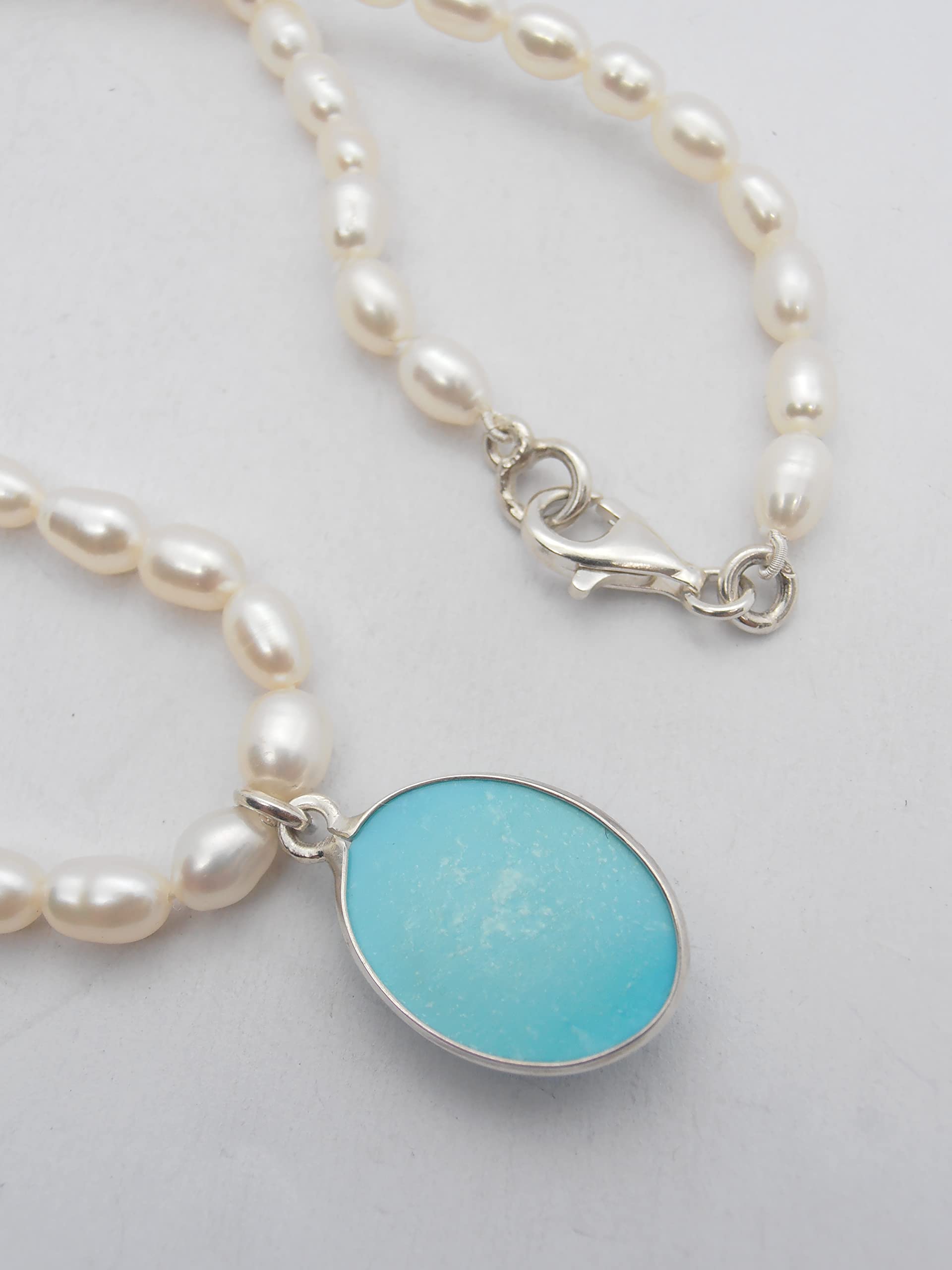 Collana di Perle d'Acqua Dolce con Ciondolo in Turchese Naturale e Argento 925 - Girocollo con Pietre Preziose