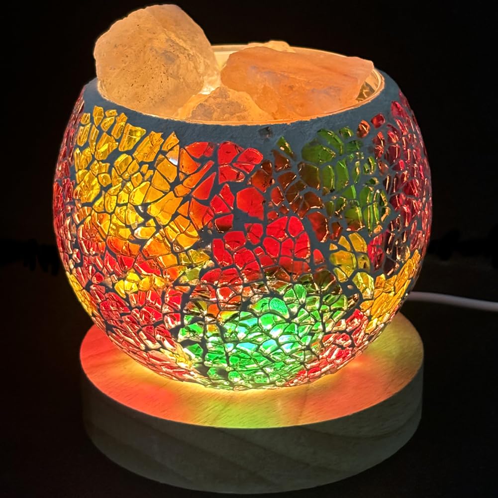 Mozaika szklana himalajska lampa solna, świecąca lampka nocna z 3 regulacją intensywności światła, wtyczka USB, drewniana podstawa, dyfuzor zapachowy do jogi, spa, medytacji, czerwona