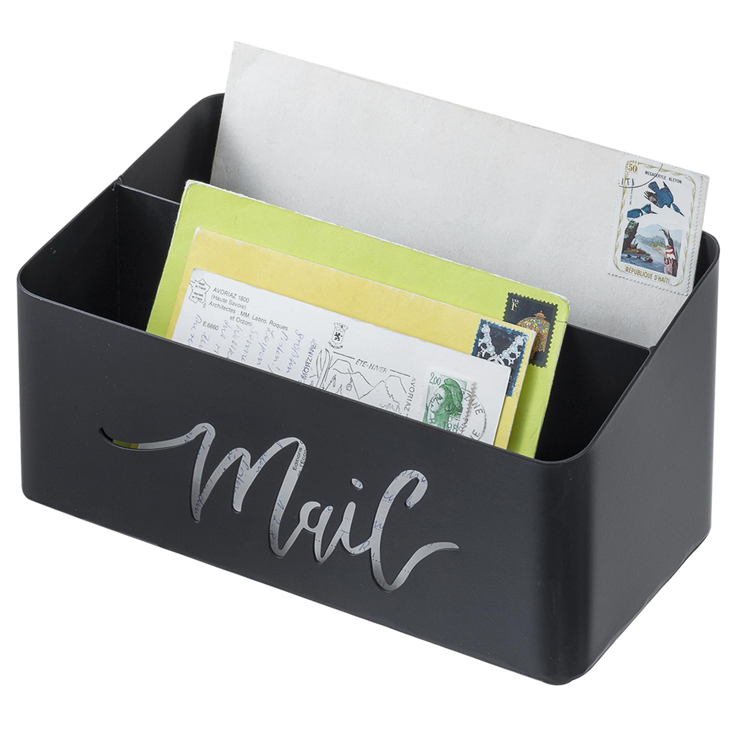 MyGift 2 Slot Modern Matte Black Metal Desktop Mail Sorter with Cutout Script Lettering, Office Desk or Home Entryway Table Incoming Outgoing Letter