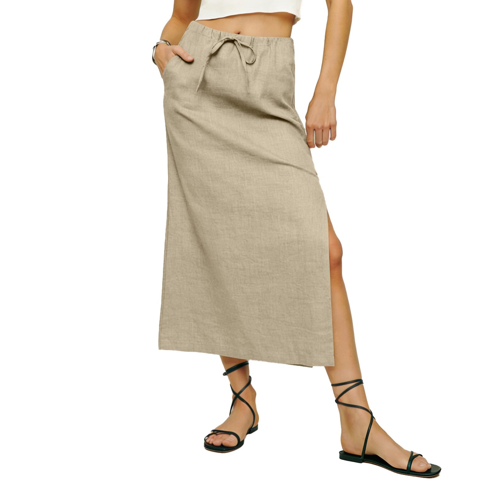 Linen Skirts for Women Ankle Length Linen Skirt with Slit Summer Cute Flared A Line Midi Skirt with