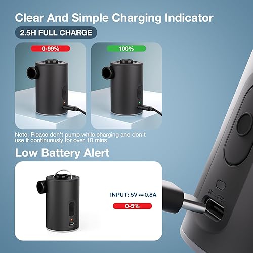 Miniatura 7 de Bomba de aire portátil para inflables, bomba de colchón de aire ultra mini 4X con luz de campamento, bomba de aire recargable USB para flotadores de