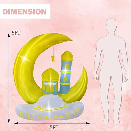 Miniatura 7 de BLOWOUT FUN Castillo inflable musulmánislámico de luna de oro de Ramadán de 5 pies con luz LED, decoración de letrero de Eid Mubarak para celebrar
